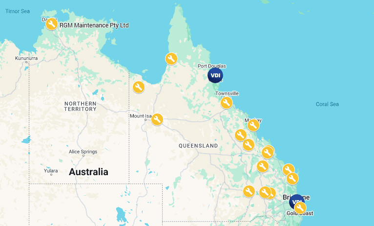 A map showing Queensland with locations of VDI Australia bus service centres