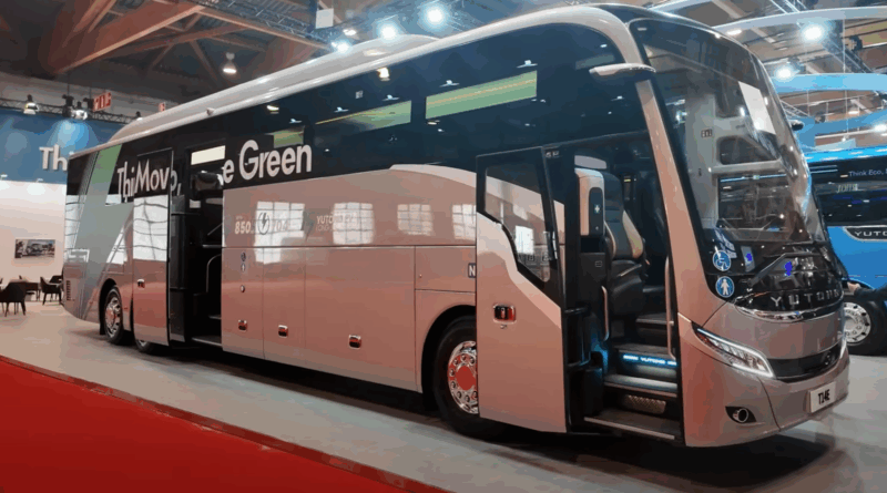 Yutong T14E electric coach on display at Busworld Europe with doors open.