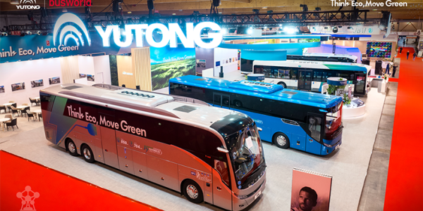 Overhead view of the Yutong stand with multiple buses on display.